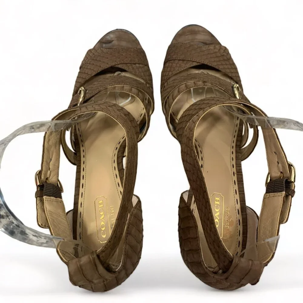 COACH Fawn Strappy Sandals Stiletto Heel Brown Snakeskin Print Leather Sz 9.5 B